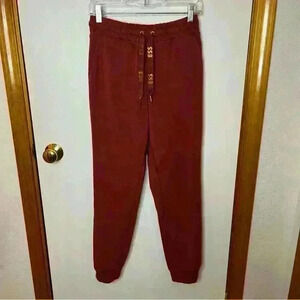 Guess Los Angeles Joggers Drawstring Women Small Mauve Maroon Gold Detail Stripe